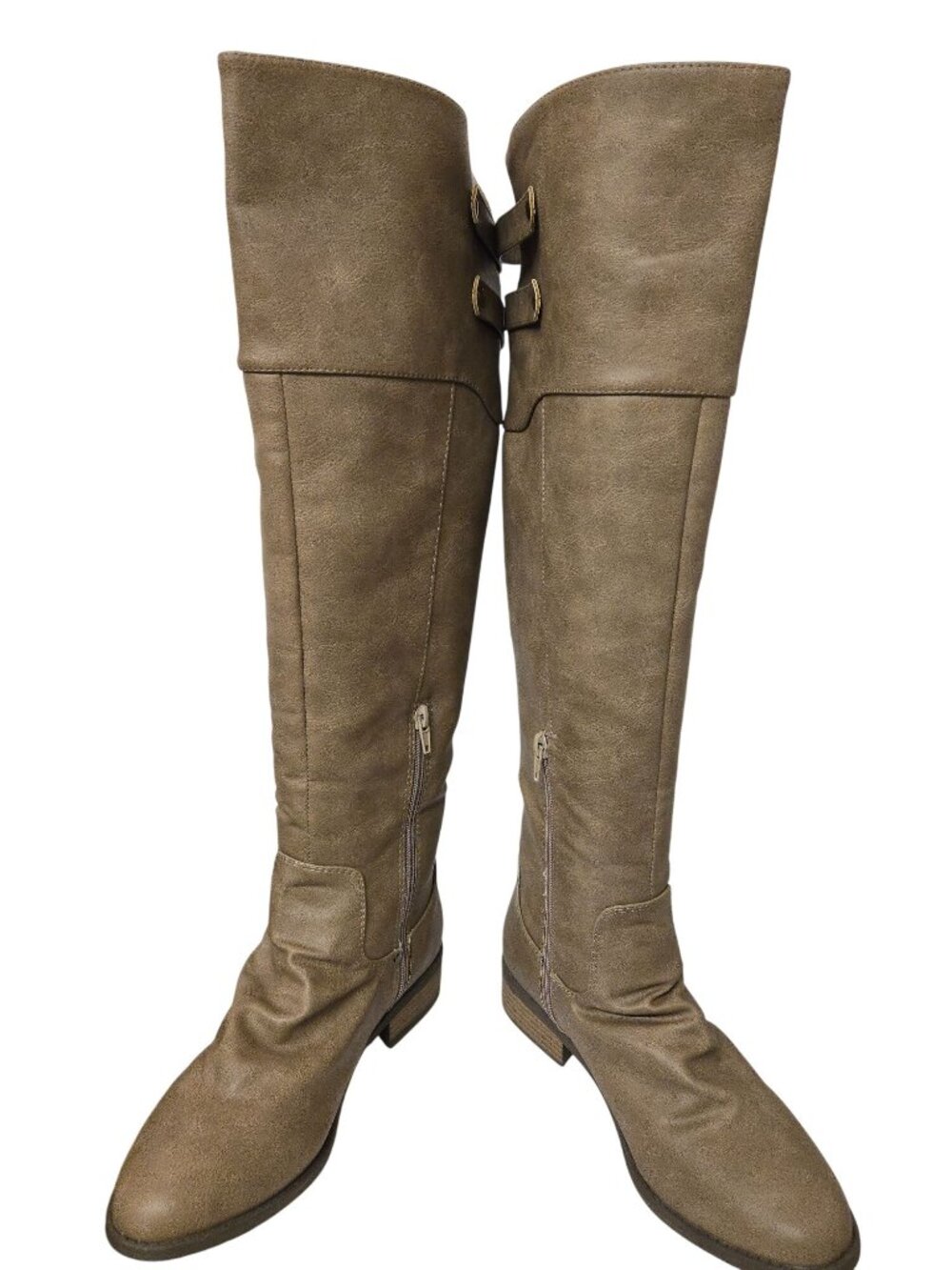 Venus Knee-High Faux Leather Taupe Riding Boots Buckle Straps Side Zipper Sz 8